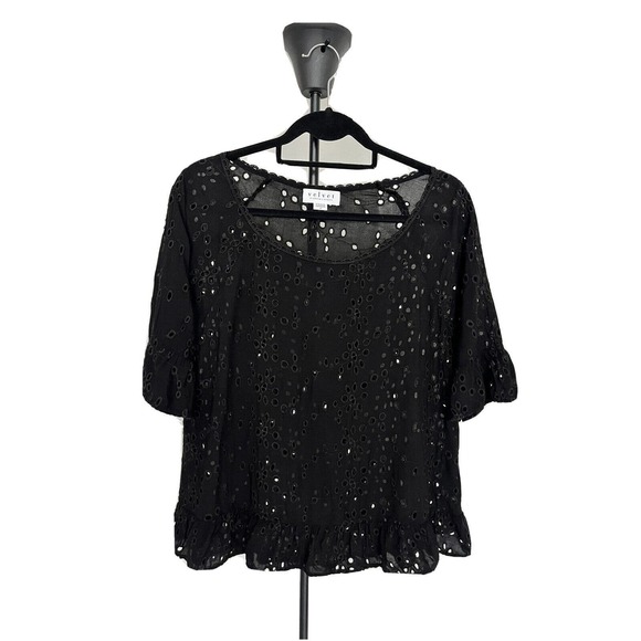 Velvet Graham & Spencer Black Eyelet Peasant Blouse Top Size S Ruffle Cute - Picture 1 of 9